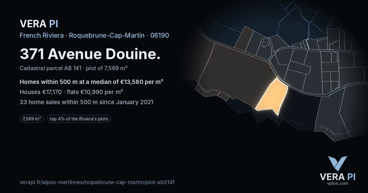 371 Avenue Douine, Roquebrune-Cap-Martin at night – the plot lit, the parcels around coloured by the prices near them