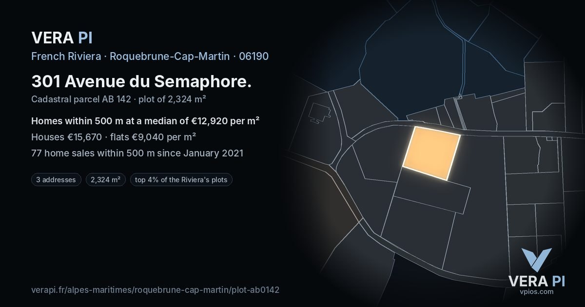 301 Avenue du Semaphore, Roquebrune-Cap-Martin at night – the plot lit, the parcels around coloured by the prices near them