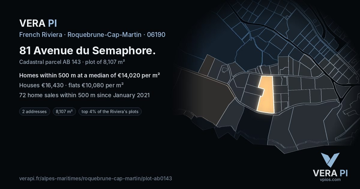 81 Avenue du Semaphore, Roquebrune-Cap-Martin at night – the plot lit, the parcels around coloured by the prices near them