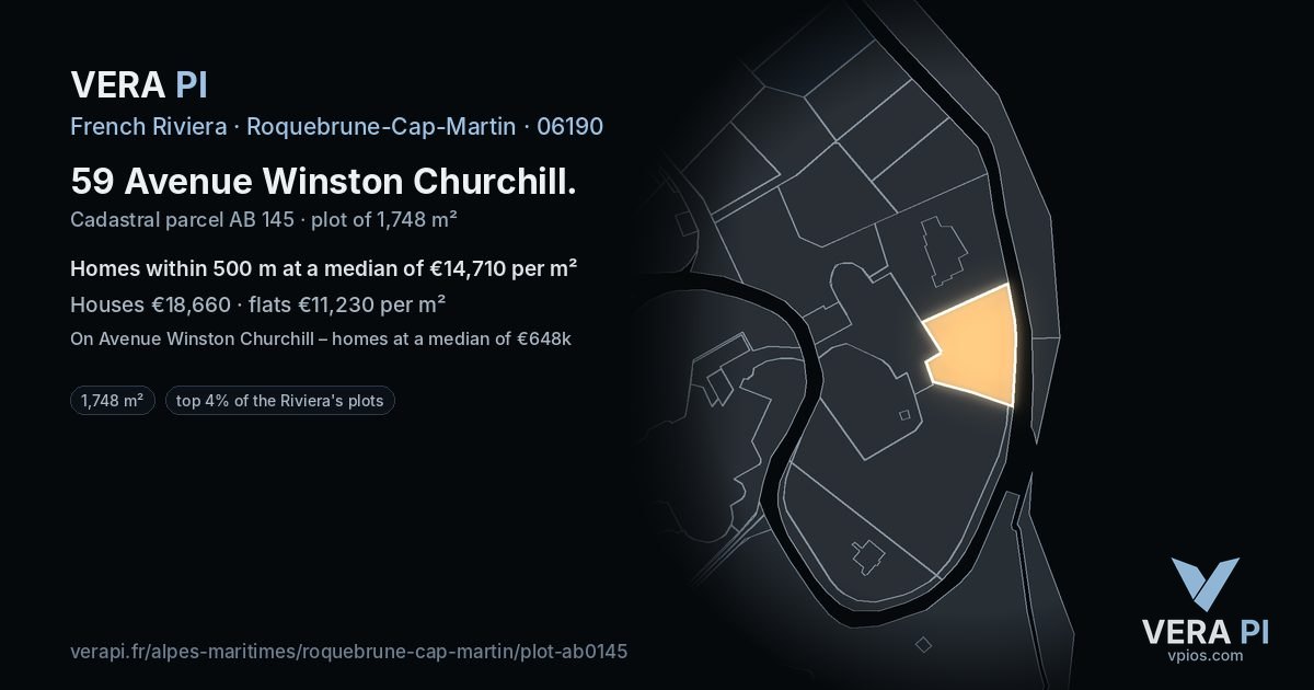 59 Avenue Winston Churchill, Roquebrune-Cap-Martin at night – the plot lit, the parcels around coloured by the prices near them