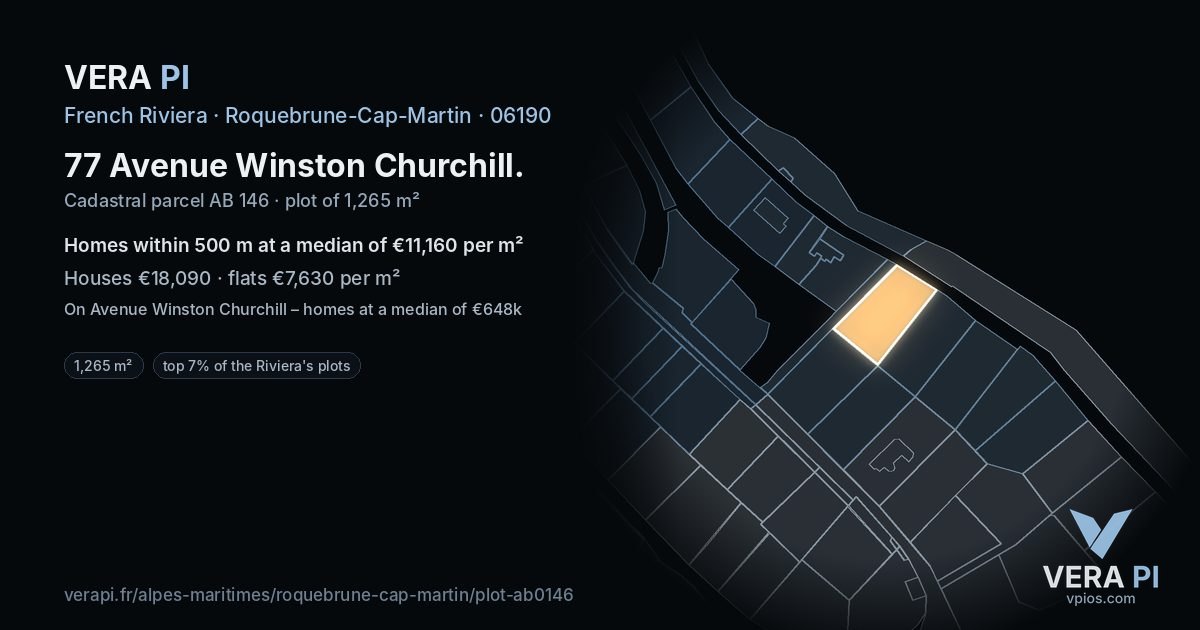 77 Avenue Winston Churchill, Roquebrune-Cap-Martin at night – the plot lit, the parcels around coloured by the prices near them