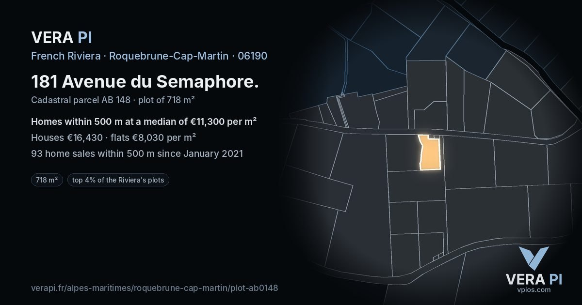 181 Avenue du Semaphore, Roquebrune-Cap-Martin at night – the plot lit, the parcels around coloured by the prices near them