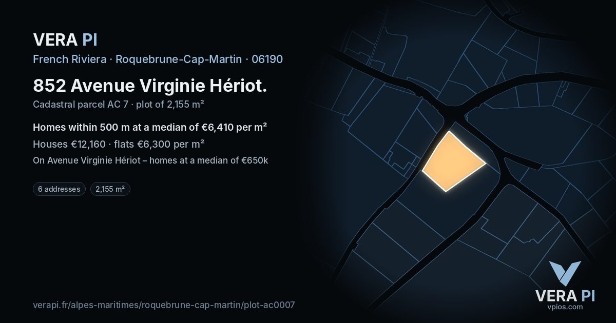 852 Avenue Virginie Hériot, Roquebrune-Cap-Martin at night – the plot lit, the parcels around coloured by the prices near them