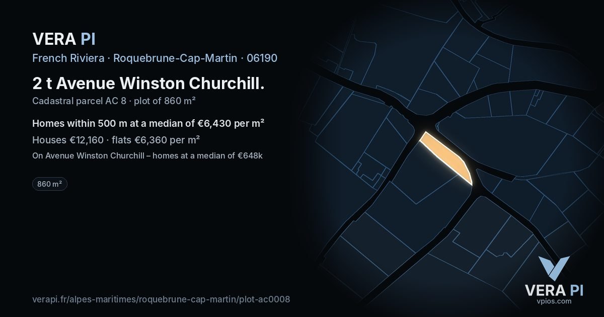 2 t Avenue Winston Churchill, Roquebrune-Cap-Martin at night – the plot lit, the parcels around coloured by the prices near them