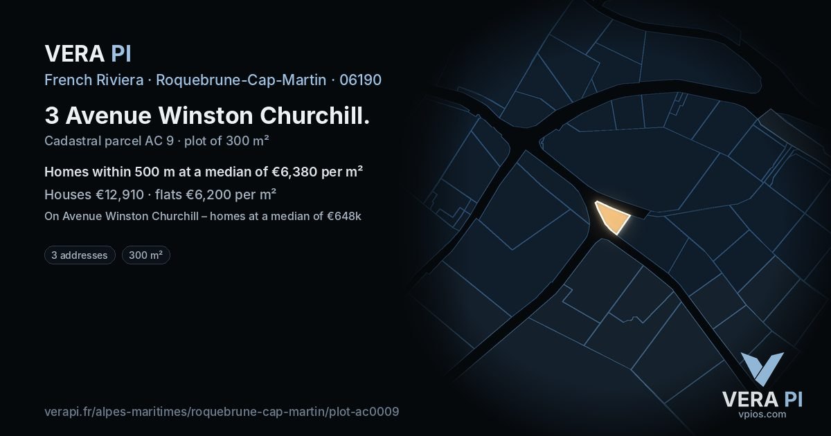 3 Avenue Winston Churchill, Roquebrune-Cap-Martin at night – the plot lit, the parcels around coloured by the prices near them
