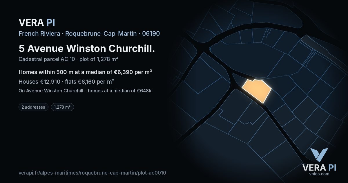 5 Avenue Winston Churchill, Roquebrune-Cap-Martin at night – the plot lit, the parcels around coloured by the prices near them
