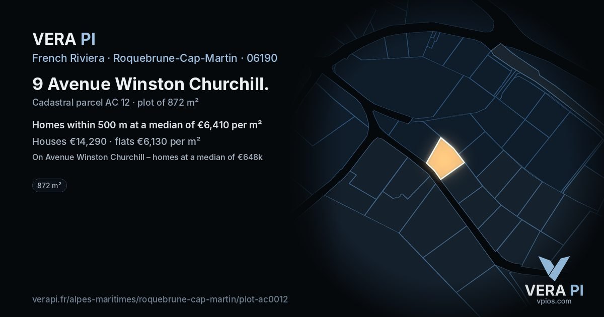 9 Avenue Winston Churchill, Roquebrune-Cap-Martin at night – the plot lit, the parcels around coloured by the prices near them