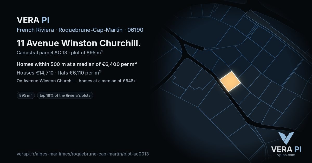 11 Avenue Winston Churchill, Roquebrune-Cap-Martin at night – the plot lit, the parcels around coloured by the prices near them