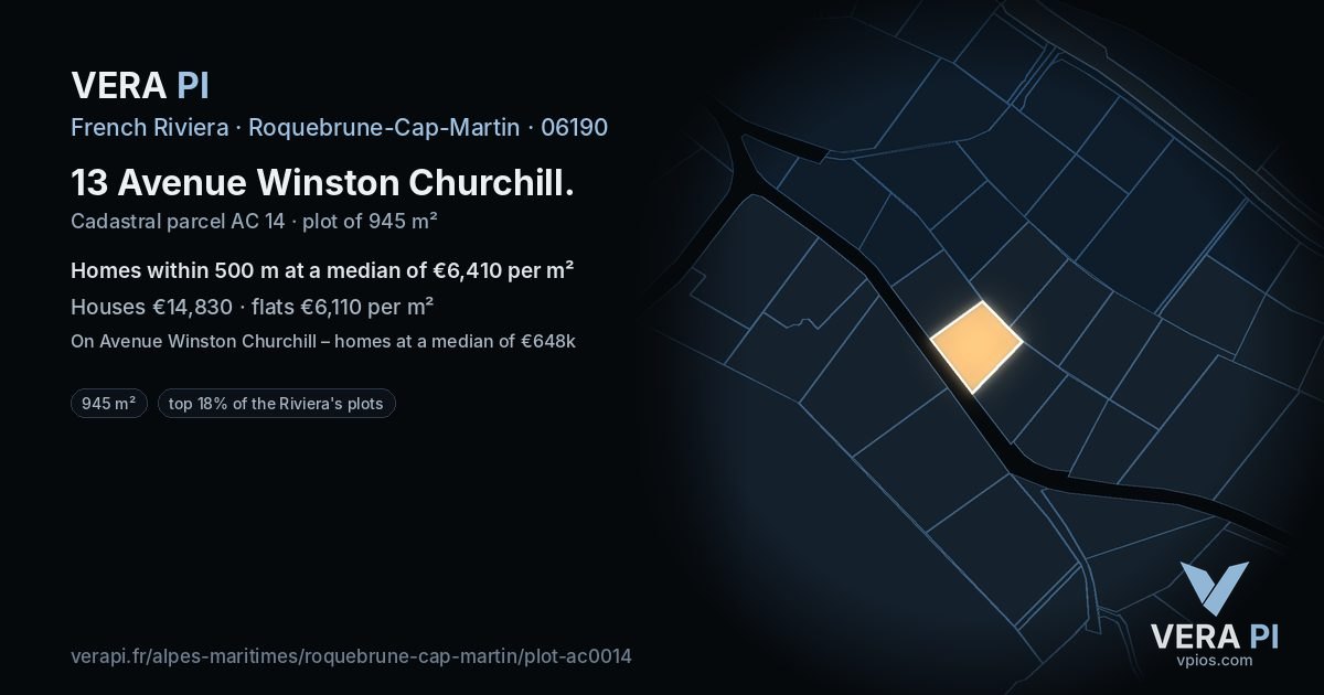 13 Avenue Winston Churchill, Roquebrune-Cap-Martin at night – the plot lit, the parcels around coloured by the prices near them