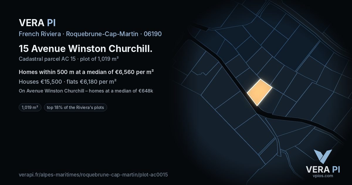 15 Avenue Winston Churchill, Roquebrune-Cap-Martin at night – the plot lit, the parcels around coloured by the prices near them