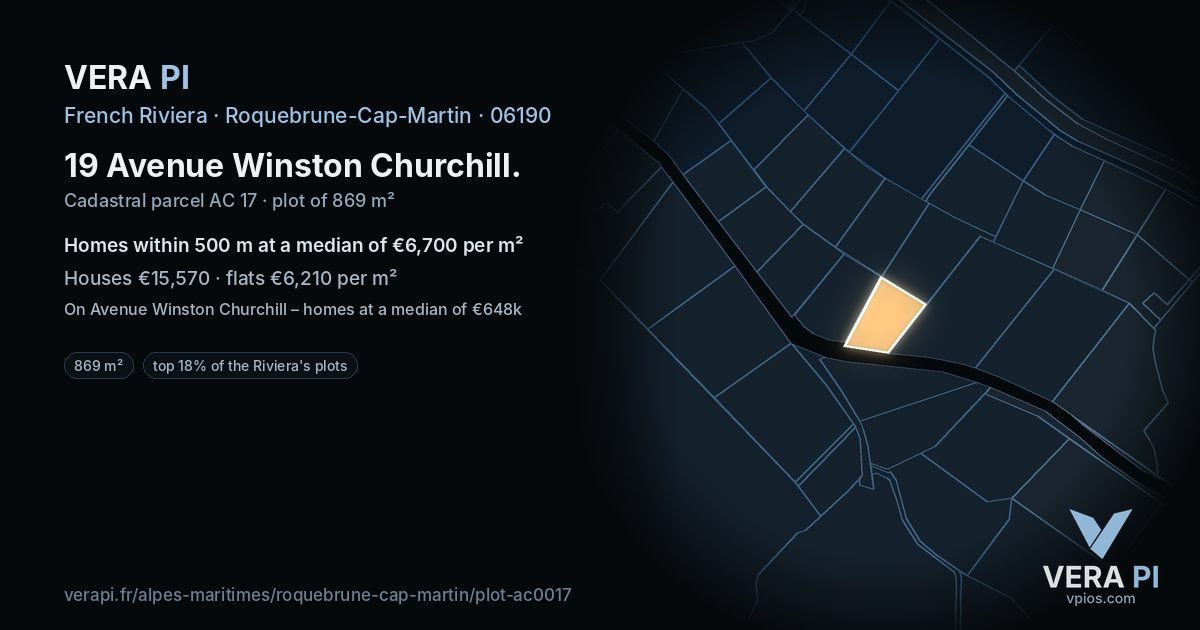 19 Avenue Winston Churchill, Roquebrune-Cap-Martin at night – the plot lit, the parcels around coloured by the prices near them