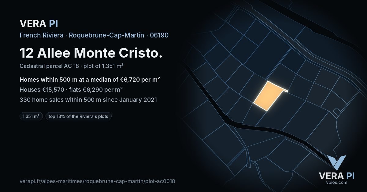 12 Allee Monte Cristo, Roquebrune-Cap-Martin at night – the plot lit, the parcels around coloured by the prices near them