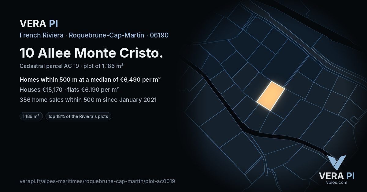 10 Allee Monte Cristo, Roquebrune-Cap-Martin at night – the plot lit, the parcels around coloured by the prices near them