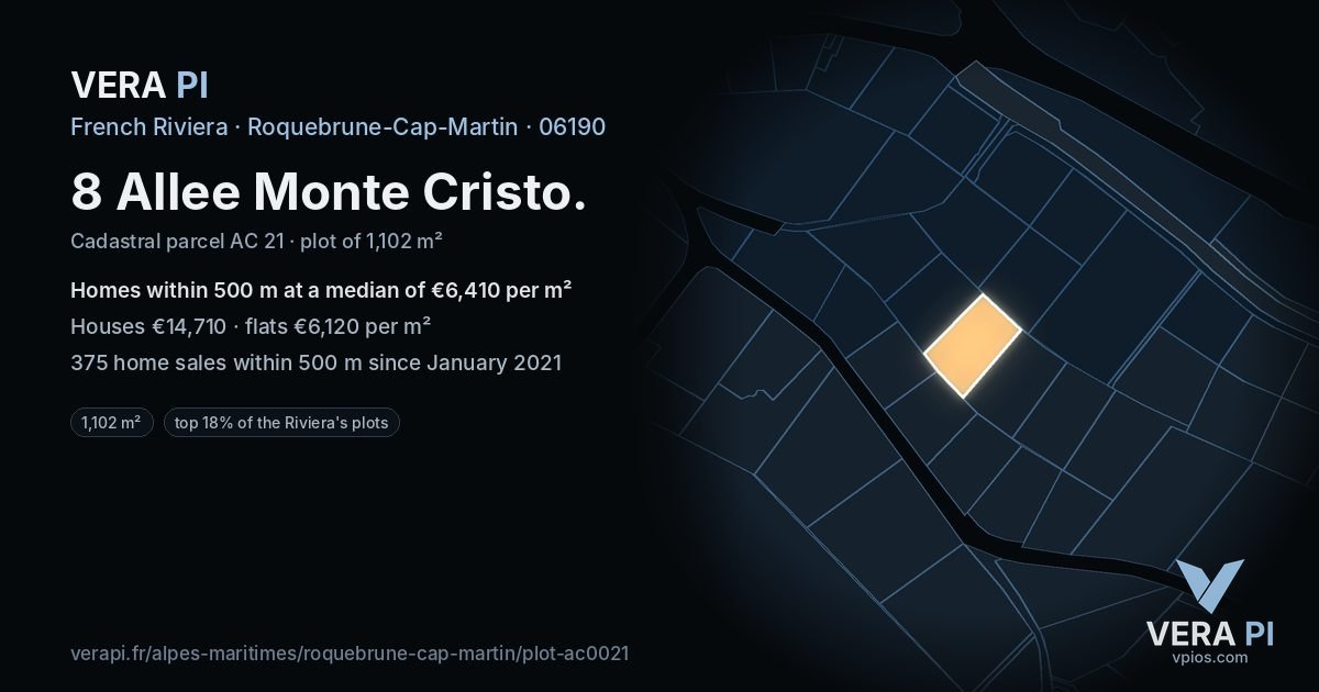8 Allee Monte Cristo, Roquebrune-Cap-Martin at night – the plot lit, the parcels around coloured by the prices near them