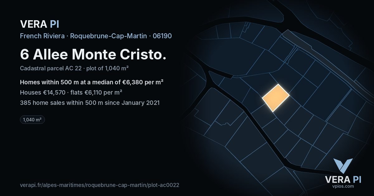 6 Allee Monte Cristo, Roquebrune-Cap-Martin at night – the plot lit, the parcels around coloured by the prices near them