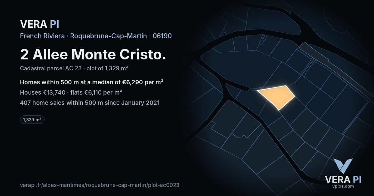 2 Allee Monte Cristo, Roquebrune-Cap-Martin at night – the plot lit, the parcels around coloured by the prices near them