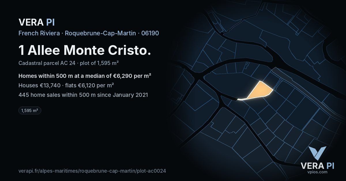 1 Allee Monte Cristo, Roquebrune-Cap-Martin at night – the plot lit, the parcels around coloured by the prices near them