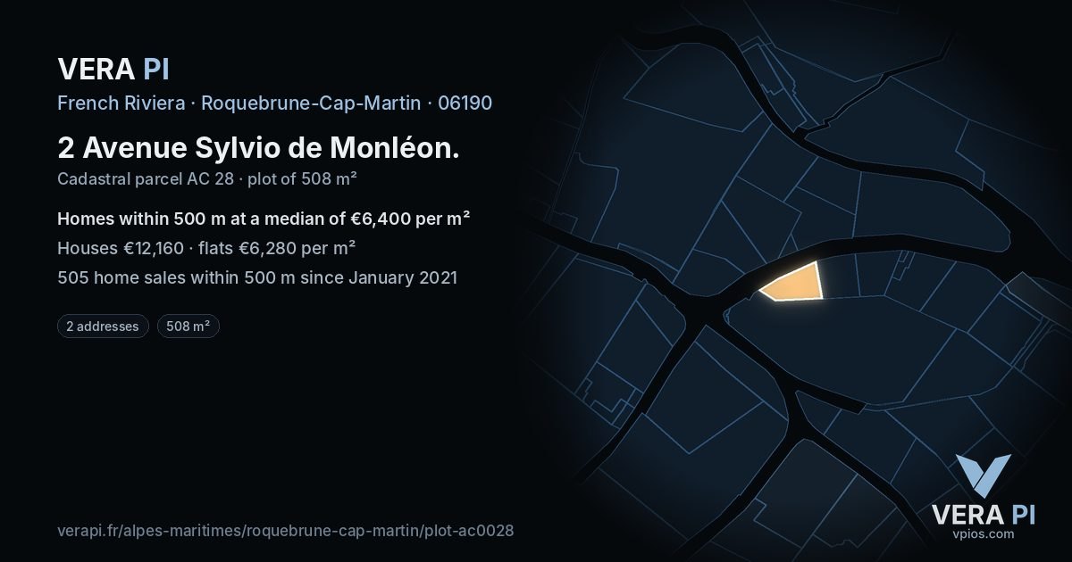 2 Avenue Sylvio de Monléon, Roquebrune-Cap-Martin at night – the plot lit, the parcels around coloured by the prices near them