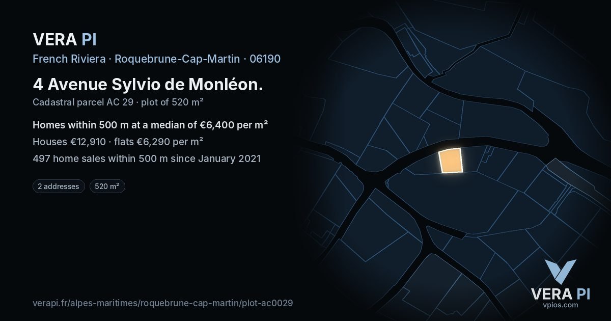 4 Avenue Sylvio de Monléon, Roquebrune-Cap-Martin at night – the plot lit, the parcels around coloured by the prices near them