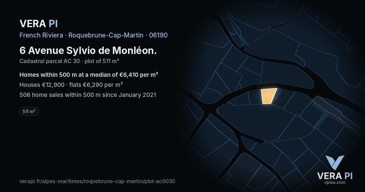 6 Avenue Sylvio de Monléon, Roquebrune-Cap-Martin at night – the plot lit, the parcels around coloured by the prices near them