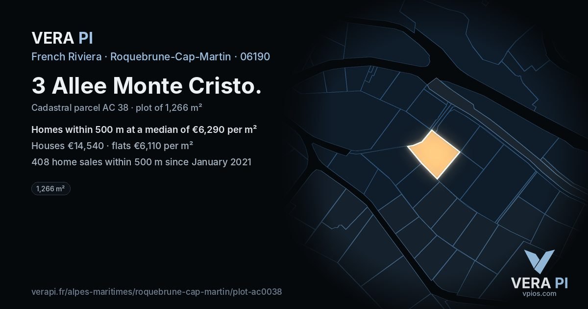 3 Allee Monte Cristo, Roquebrune-Cap-Martin at night – the plot lit, the parcels around coloured by the prices near them