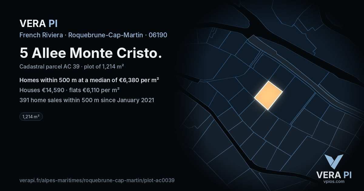 5 Allee Monte Cristo, Roquebrune-Cap-Martin at night – the plot lit, the parcels around coloured by the prices near them