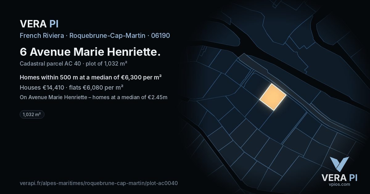 6 Avenue Marie Henriette, Roquebrune-Cap-Martin at night – the plot lit, the parcels around coloured by the prices near them