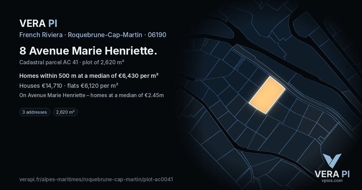 8 Avenue Marie Henriette, Roquebrune-Cap-Martin at night – the plot lit, the parcels around coloured by the prices near them