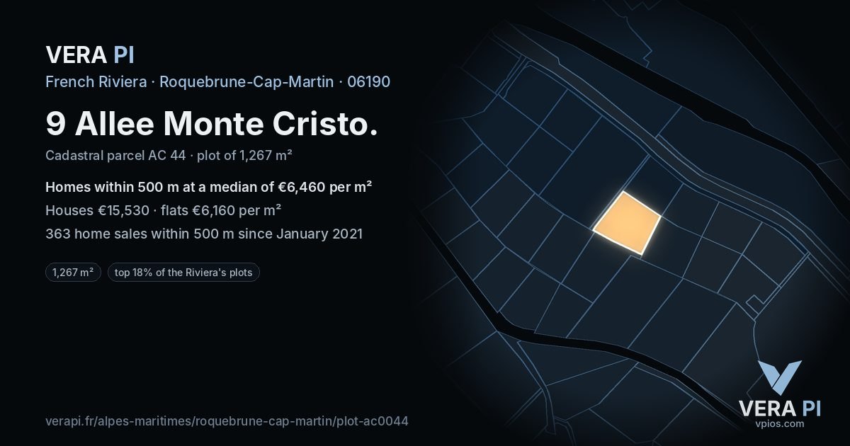 9 Allee Monte Cristo, Roquebrune-Cap-Martin at night – the plot lit, the parcels around coloured by the prices near them