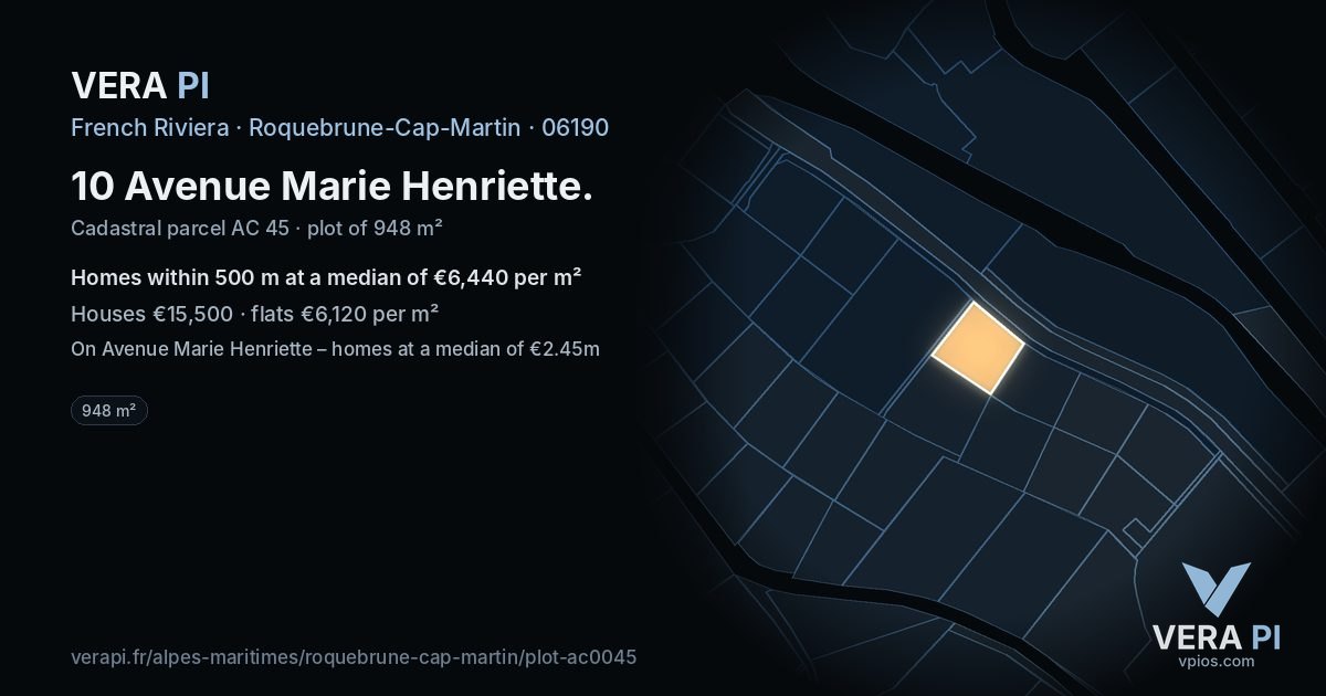 10 Avenue Marie Henriette, Roquebrune-Cap-Martin at night – the plot lit, the parcels around coloured by the prices near them