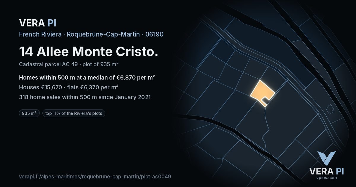 14 Allee Monte Cristo, Roquebrune-Cap-Martin at night – the plot lit, the parcels around coloured by the prices near them