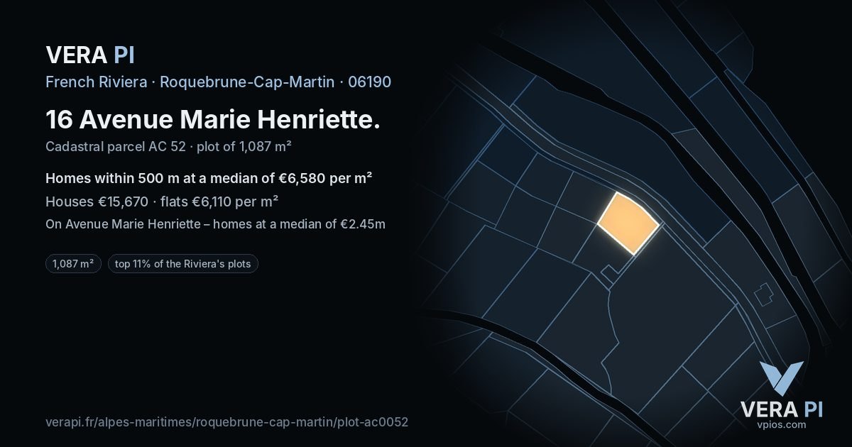 16 Avenue Marie Henriette, Roquebrune-Cap-Martin at night – the plot lit, the parcels around coloured by the prices near them