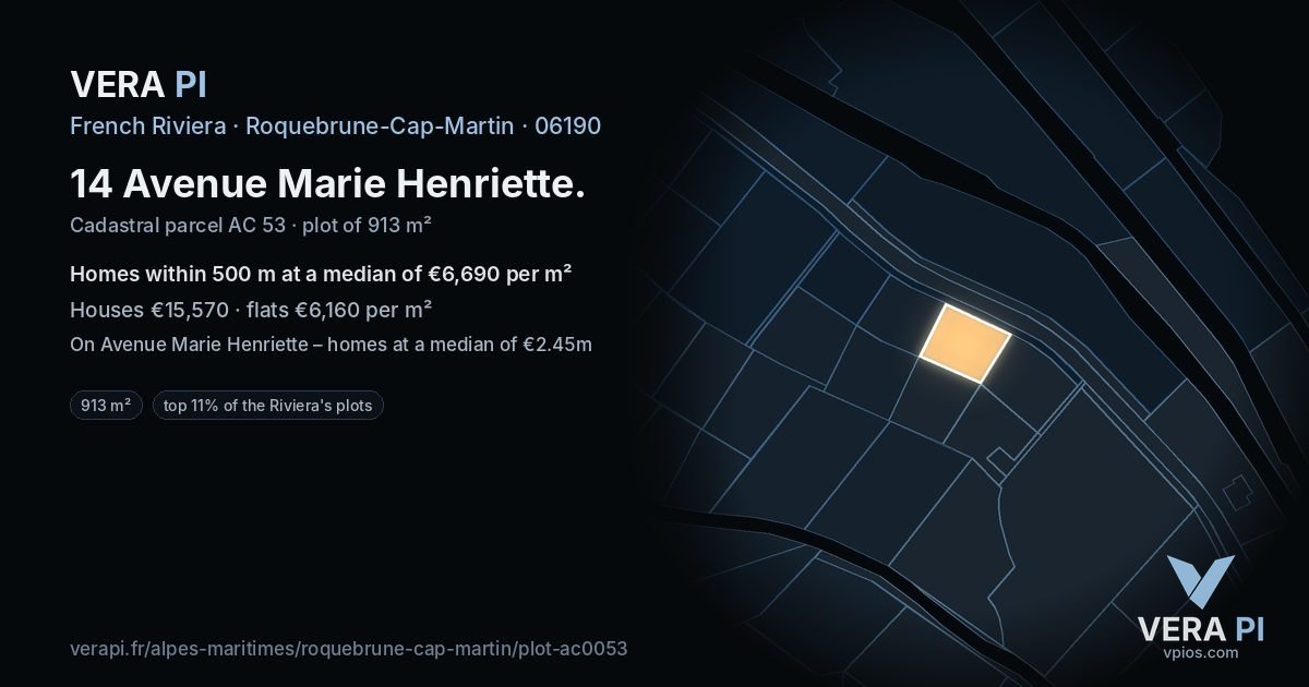 14 Avenue Marie Henriette, Roquebrune-Cap-Martin at night – the plot lit, the parcels around coloured by the prices near them