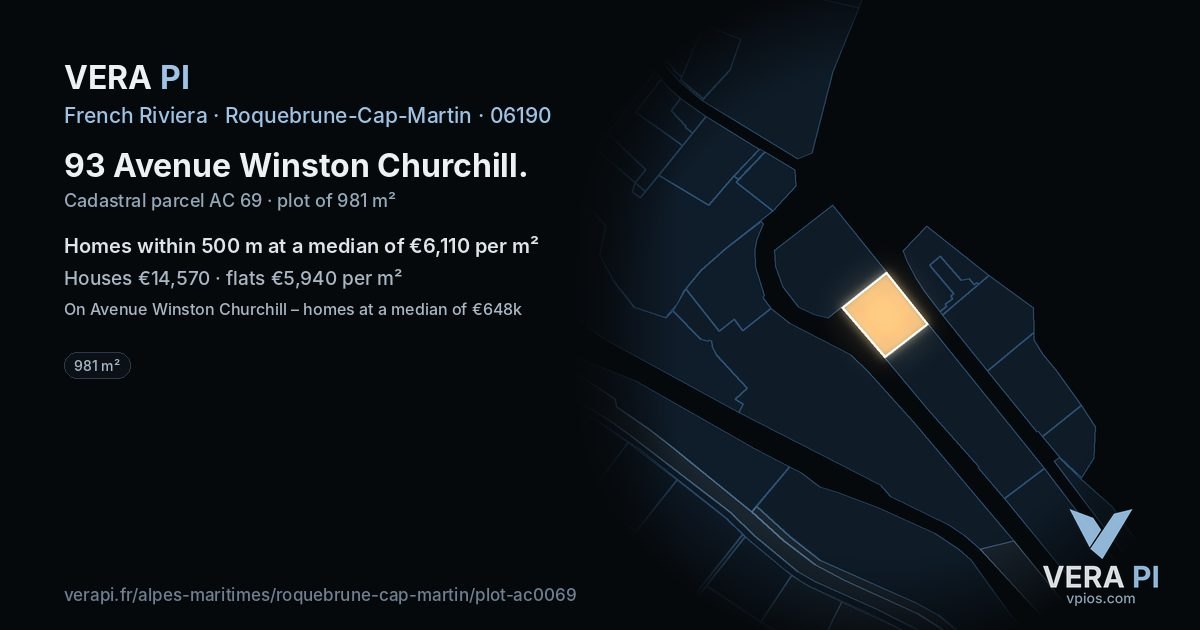 93 Avenue Winston Churchill, Roquebrune-Cap-Martin at night – the plot lit, the parcels around coloured by the prices near them