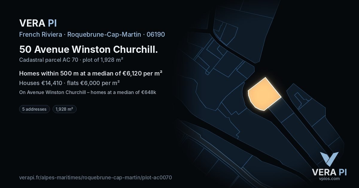 50 Avenue Winston Churchill, Roquebrune-Cap-Martin at night – the plot lit, the parcels around coloured by the prices near them