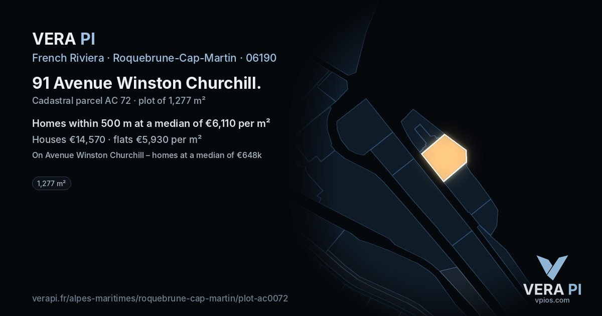 91 Avenue Winston Churchill, Roquebrune-Cap-Martin at night – the plot lit, the parcels around coloured by the prices near them
