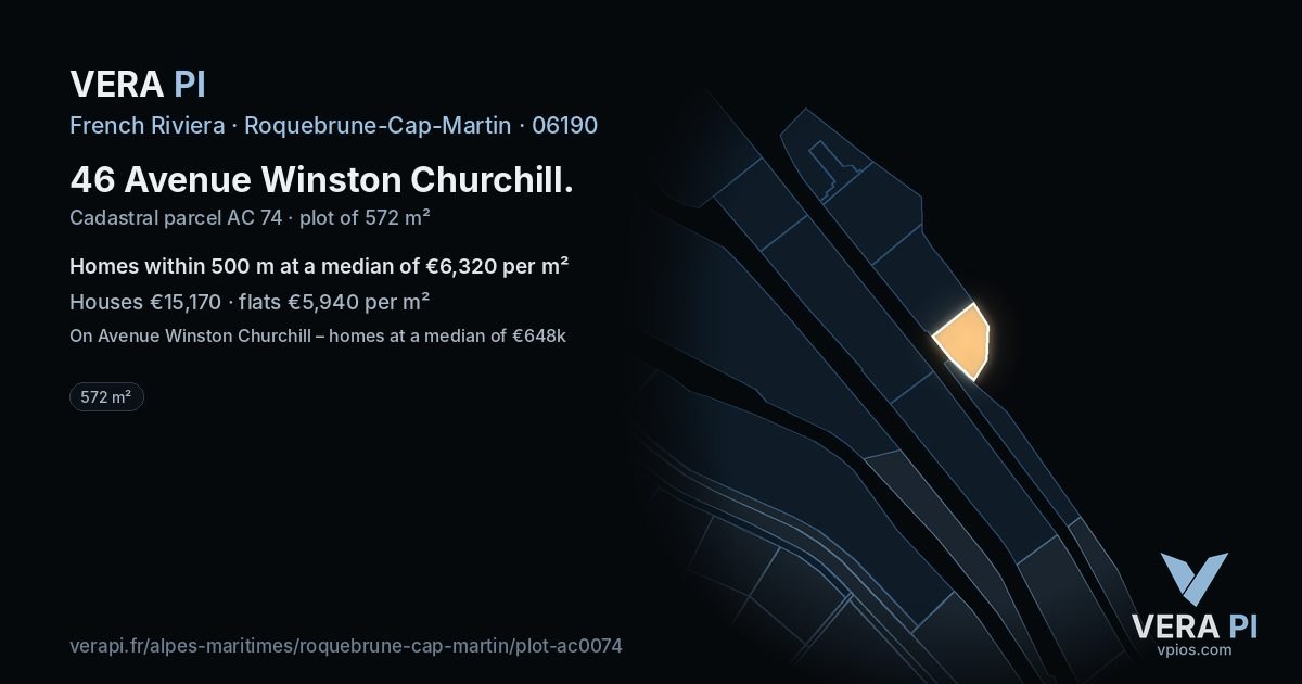 46 Avenue Winston Churchill, Roquebrune-Cap-Martin at night – the plot lit, the parcels around coloured by the prices near them