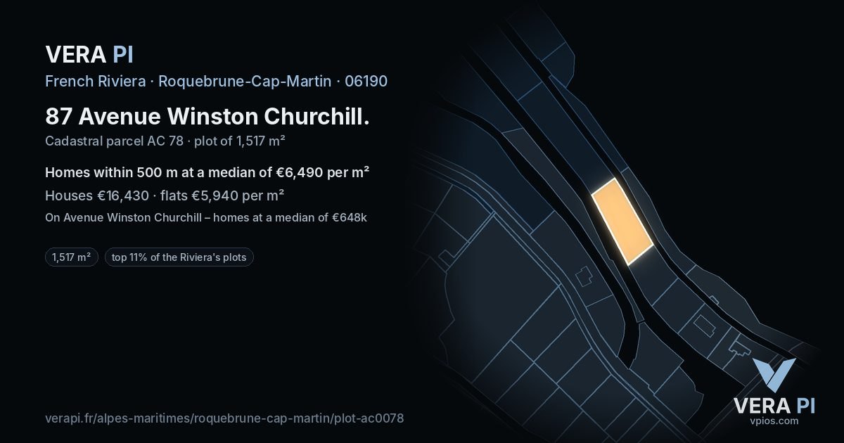 87 Avenue Winston Churchill, Roquebrune-Cap-Martin at night – the plot lit, the parcels around coloured by the prices near them