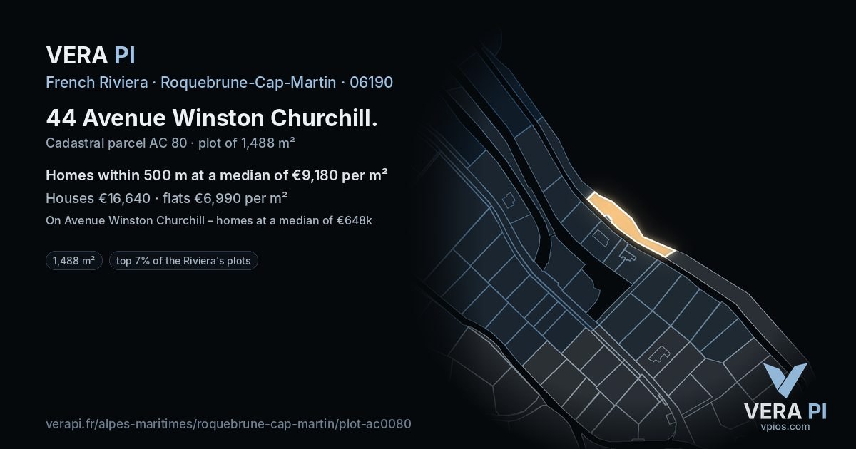 44 Avenue Winston Churchill, Roquebrune-Cap-Martin at night – the plot lit, the parcels around coloured by the prices near them