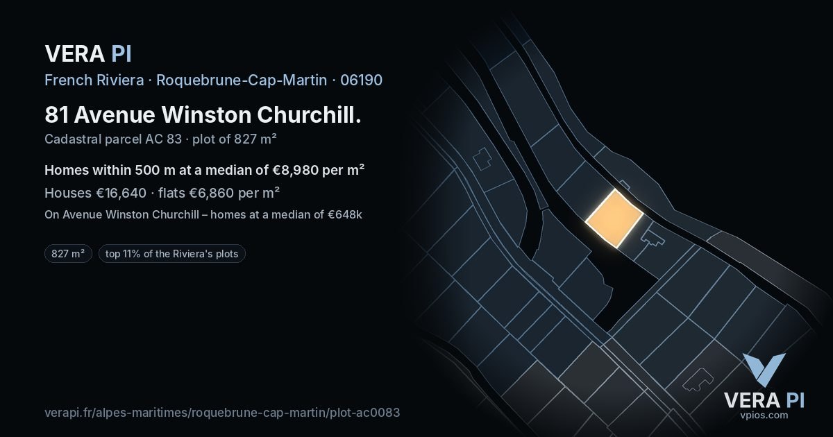 81 Avenue Winston Churchill, Roquebrune-Cap-Martin at night – the plot lit, the parcels around coloured by the prices near them
