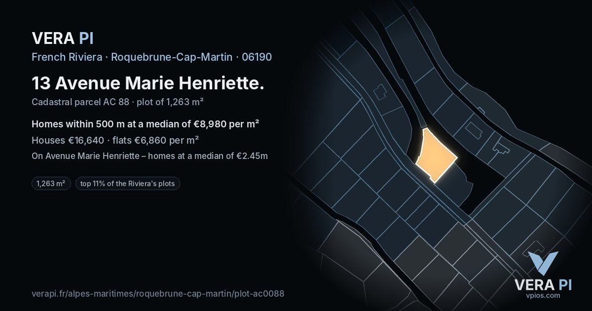 13 Avenue Marie Henriette, Roquebrune-Cap-Martin at night – the plot lit, the parcels around coloured by the prices near them