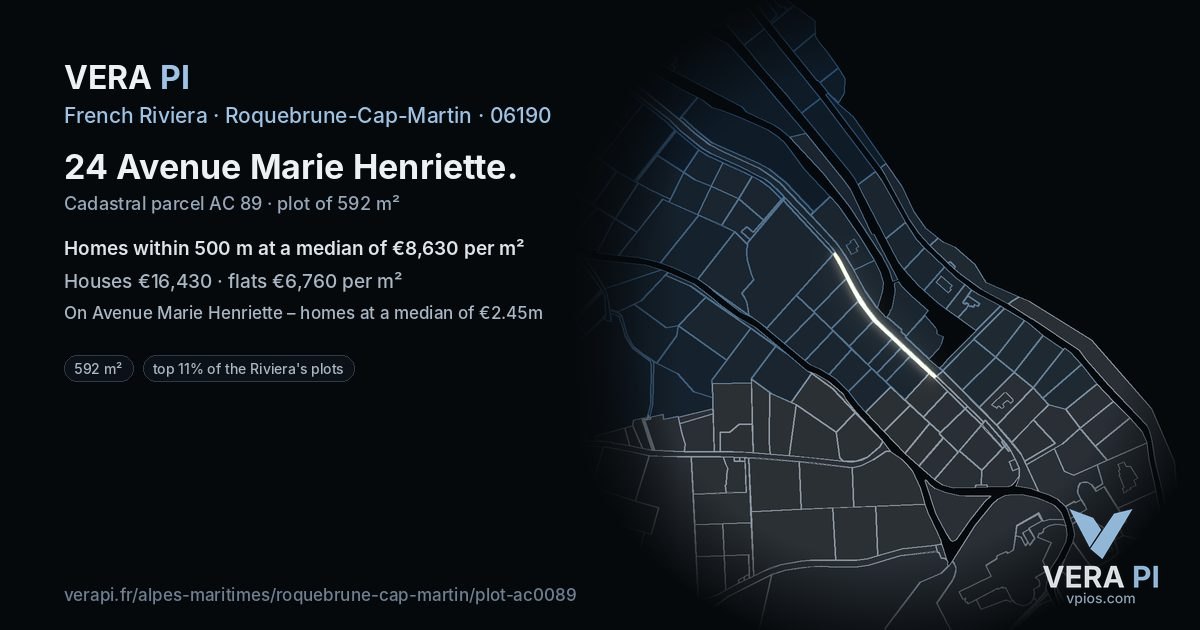 24 Avenue Marie Henriette, Roquebrune-Cap-Martin at night – the plot lit, the parcels around coloured by the prices near them
