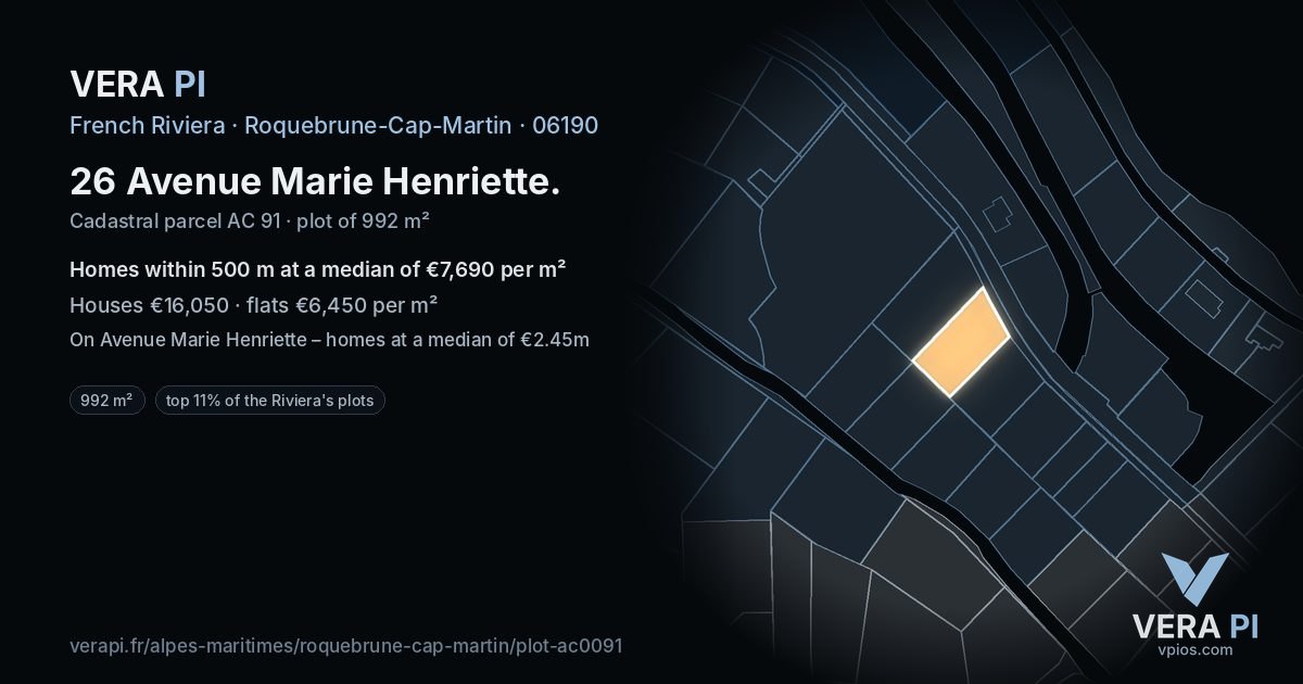 26 Avenue Marie Henriette, Roquebrune-Cap-Martin at night – the plot lit, the parcels around coloured by the prices near them