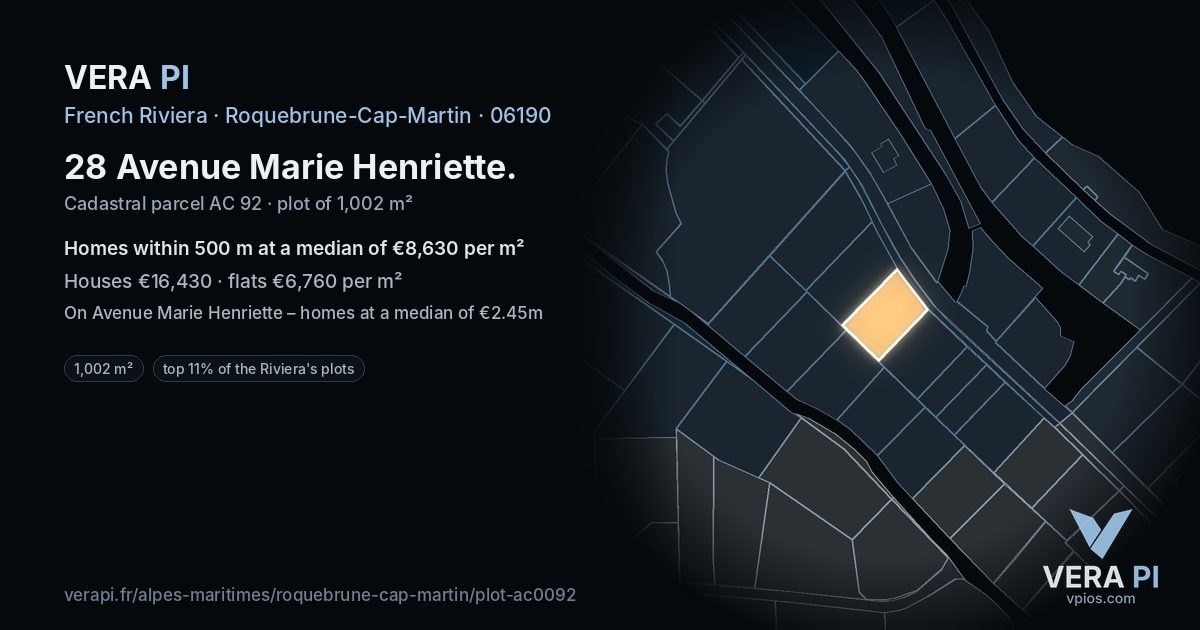 28 Avenue Marie Henriette, Roquebrune-Cap-Martin at night – the plot lit, the parcels around coloured by the prices near them