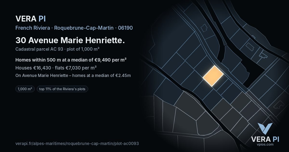 30 Avenue Marie Henriette, Roquebrune-Cap-Martin at night – the plot lit, the parcels around coloured by the prices near them
