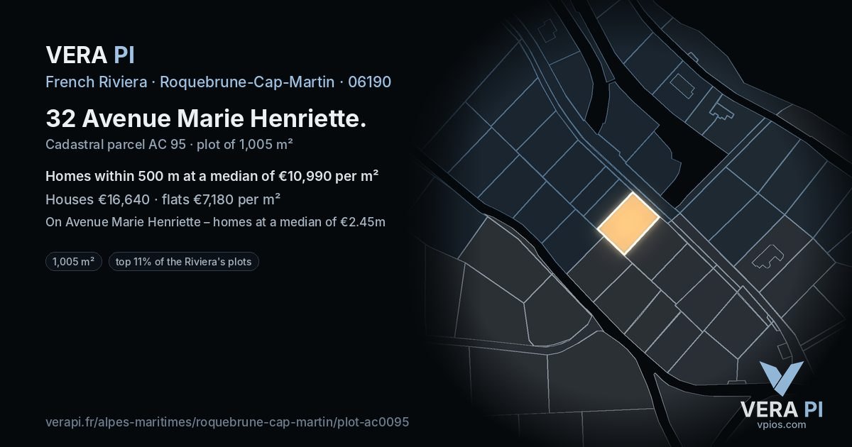 32 Avenue Marie Henriette, Roquebrune-Cap-Martin at night – the plot lit, the parcels around coloured by the prices near them