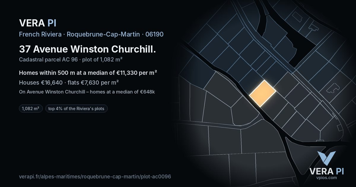37 Avenue Winston Churchill, Roquebrune-Cap-Martin at night – the plot lit, the parcels around coloured by the prices near them