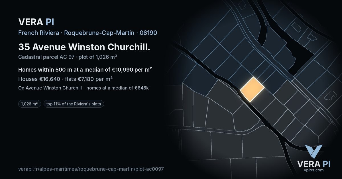 35 Avenue Winston Churchill, Roquebrune-Cap-Martin at night – the plot lit, the parcels around coloured by the prices near them