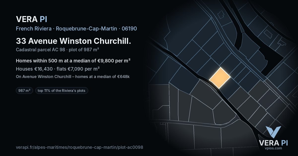 33 Avenue Winston Churchill, Roquebrune-Cap-Martin at night – the plot lit, the parcels around coloured by the prices near them