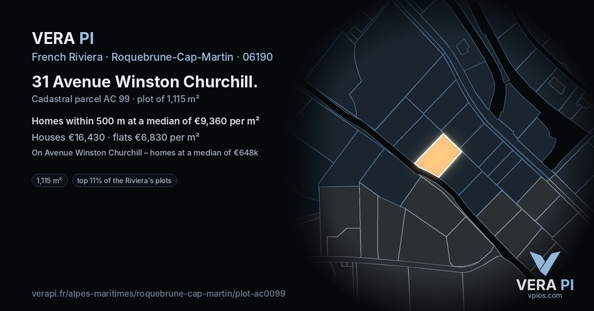 31 Avenue Winston Churchill, Roquebrune-Cap-Martin at night – the plot lit, the parcels around coloured by the prices near them